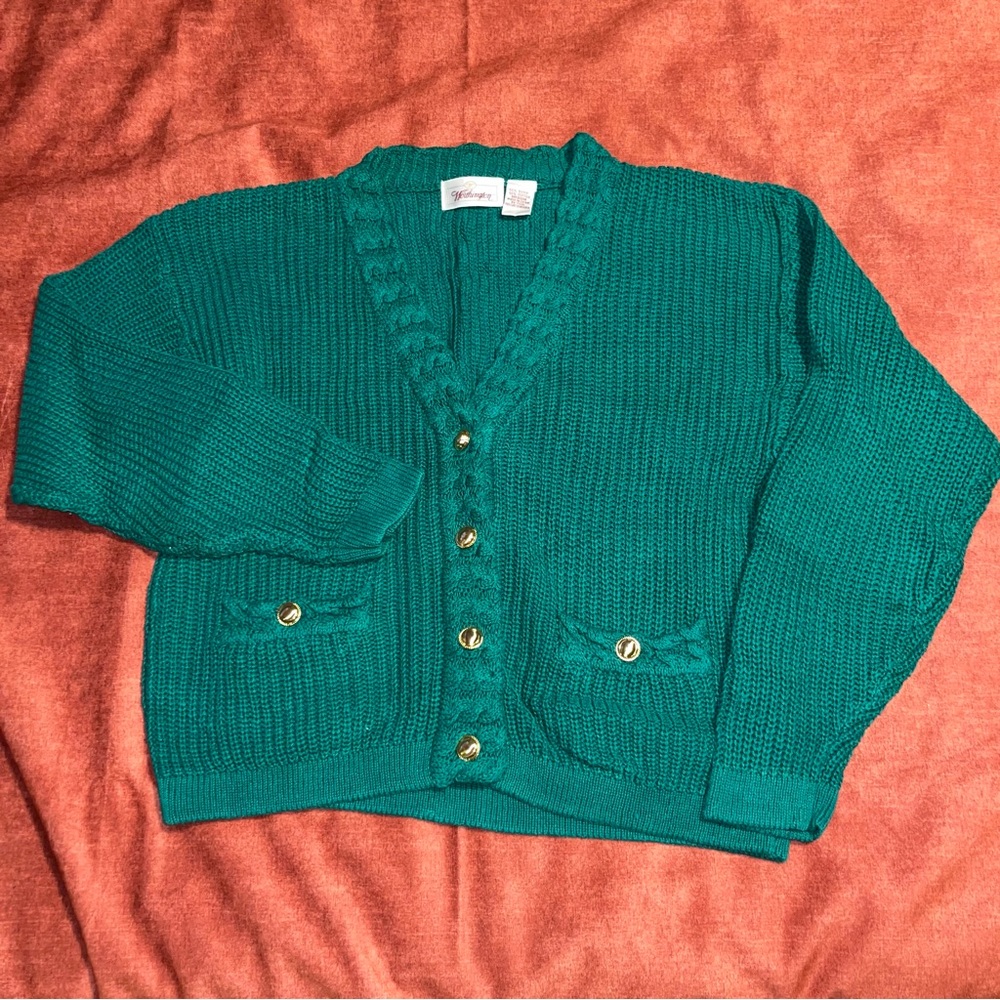 Green Knit Cardigan with Gold Buttons